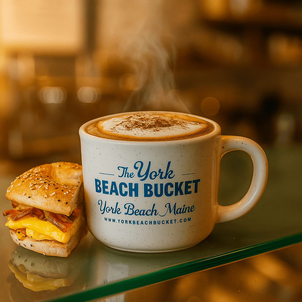 york beach bucket cappuccino and bagel sandwiches